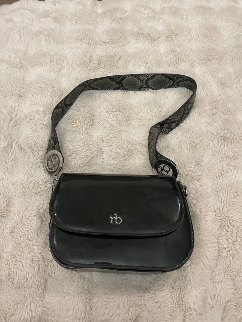 rb Black Patent Crossbody Bag with Patterned Strap